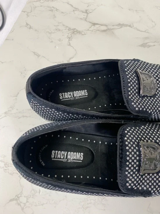 Black Studded Men's Slip-On Loafers with Crest Accent and studs - Picture 2 of 4